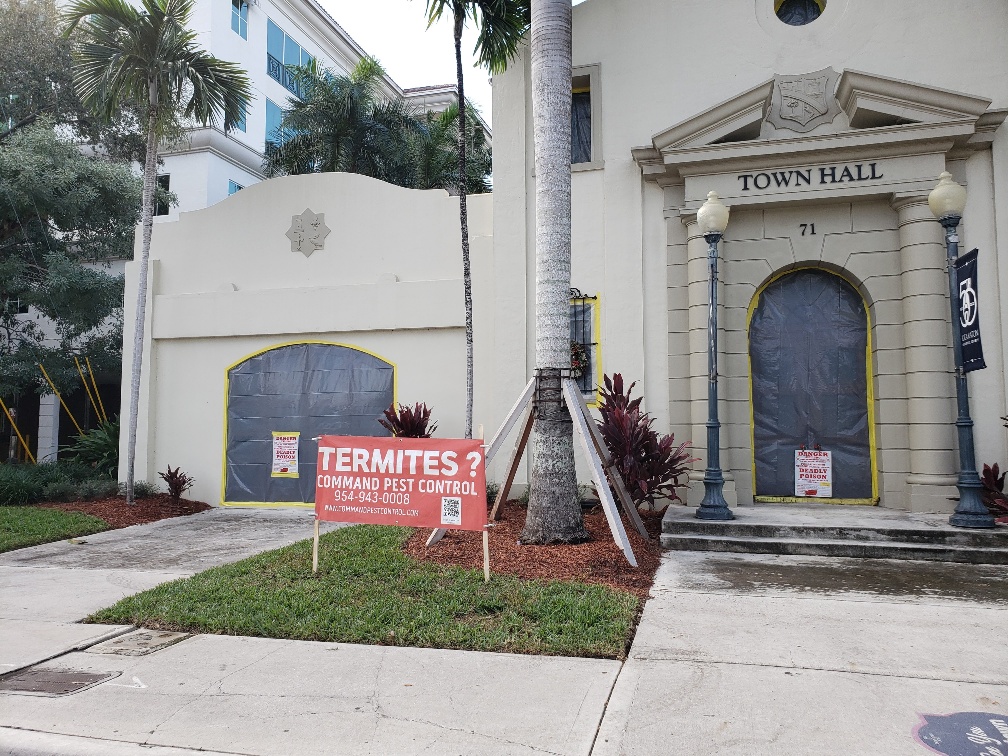Termite fumigation on town hall building close up